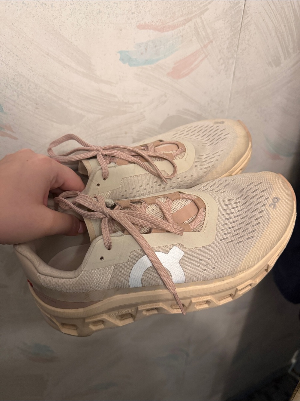 On Women's Cloudmonster Road Running Sneakers - Moon/Fawn or Pink/Beige - Picture 7 of 9